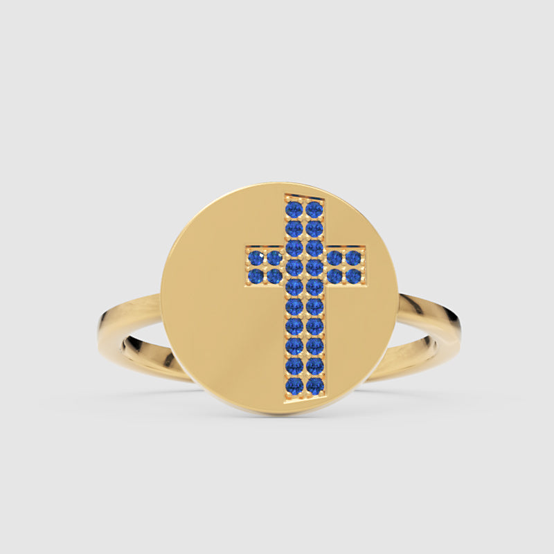 Blue Sapphire Cross Disc Signet Ring - Four