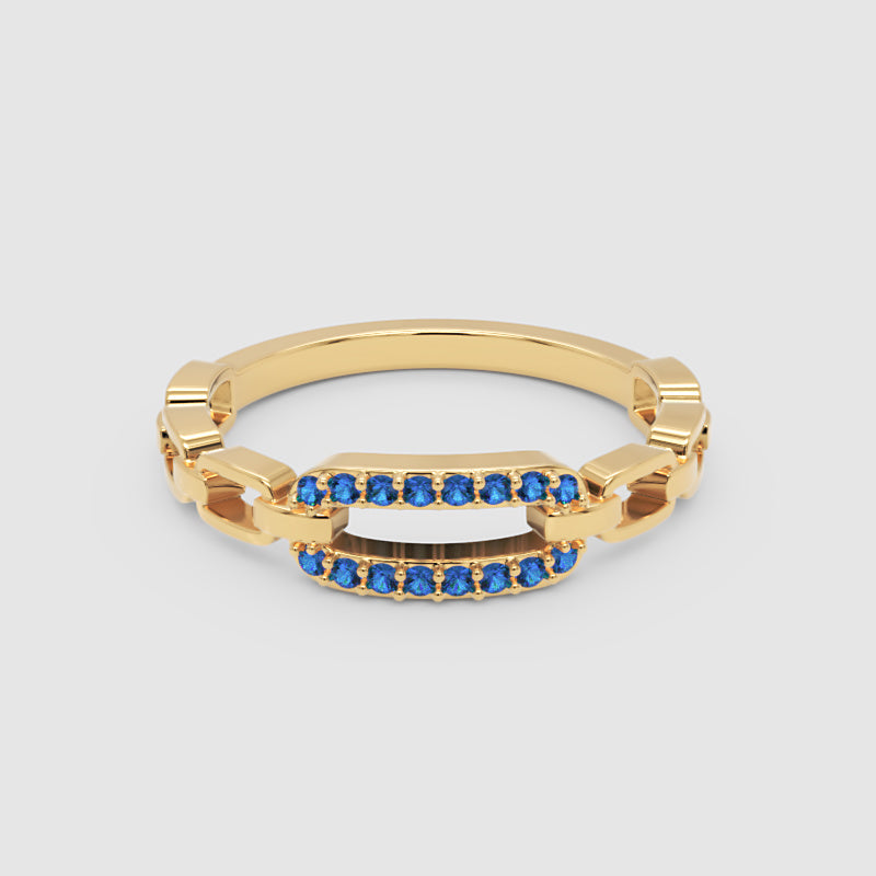 Lab-Grown Blue Sapphire Interlocking Link Ring In White Gold | Modern Chain Style Statement Ring For Women | Jebij - Four