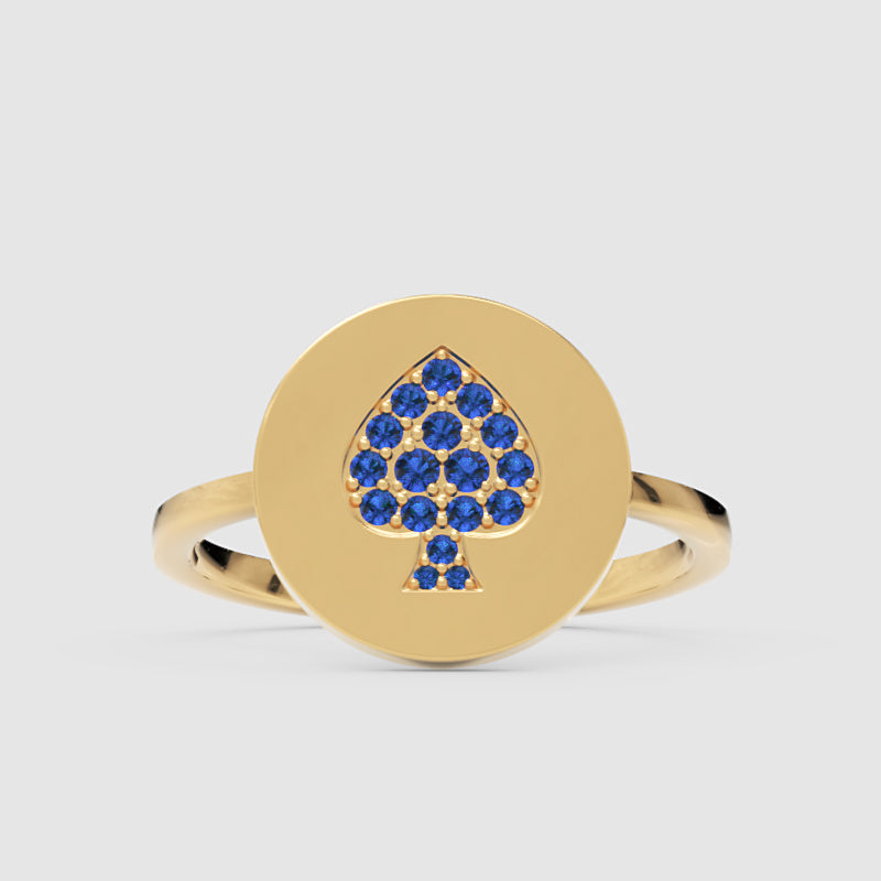 Blue Sapphire Spade Disc Signet Ring - Four