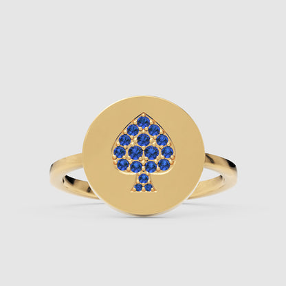Blue Sapphire Spade Disc Signet Ring - Four