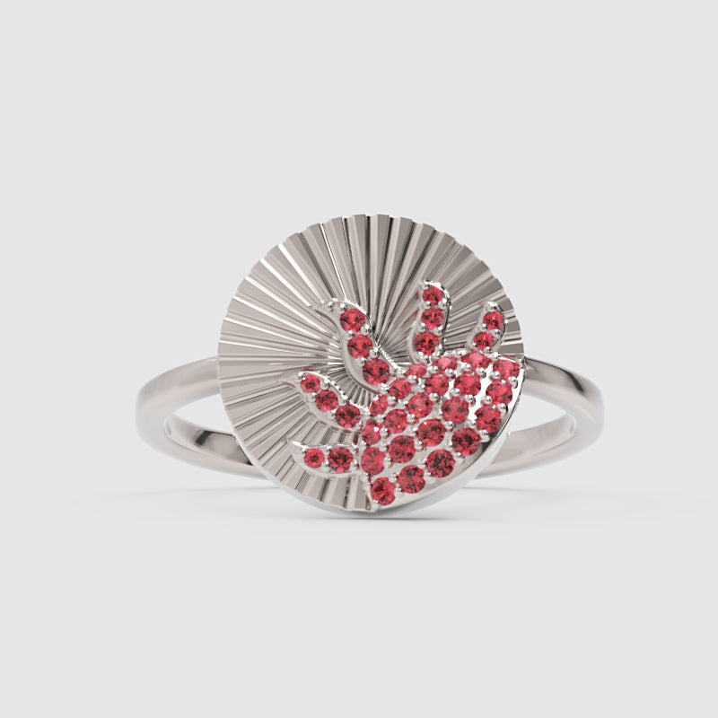 Ruby Sunburst Disc Ring With Textured Fan Design - Four