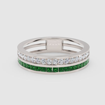 Emerald and Diamond Double Band Ring with Open Bridge Design