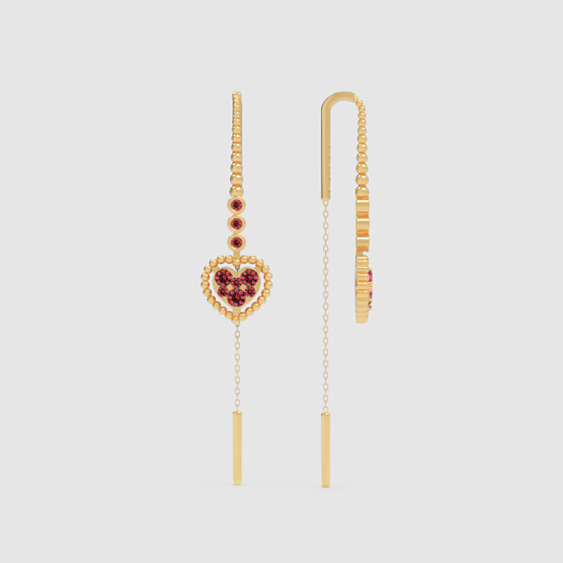 Ruby Heart Threader Earrings with Bar Drop