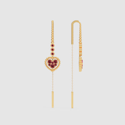 Ruby Heart Threader Earrings with Bar Drop