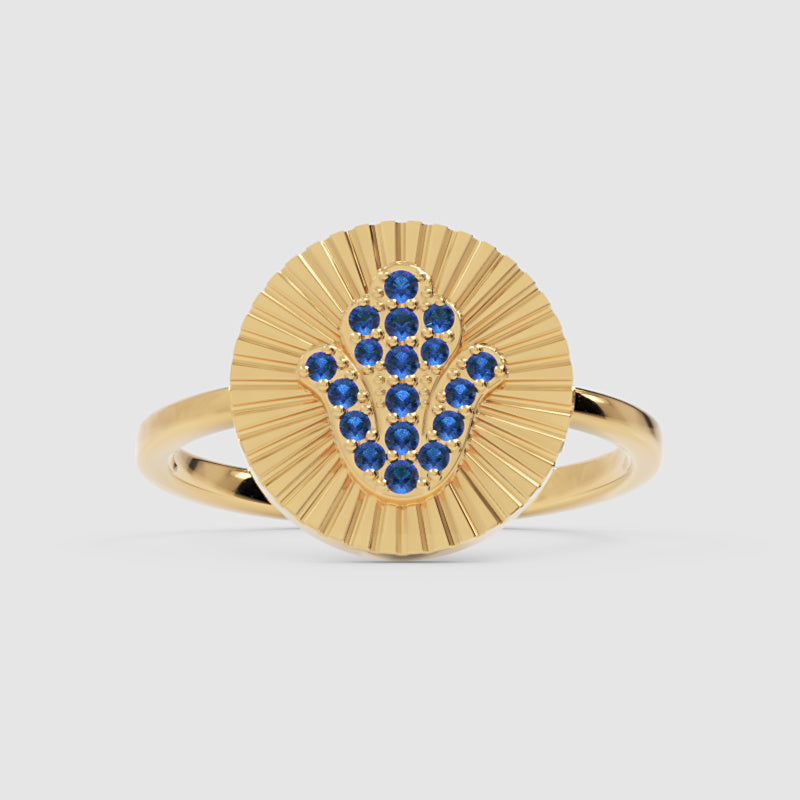 Blue Sapphire Hamsa Hand Disc Ring With Sunburst Design - Five