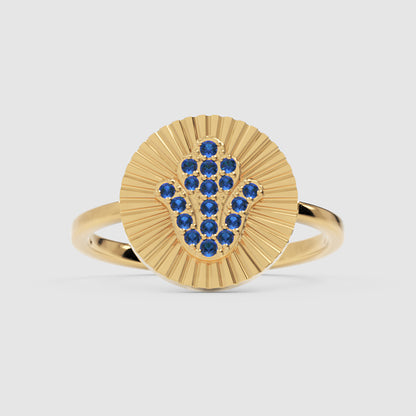 Blue Sapphire Hamsa Hand Disc Ring With Sunburst Design - Five