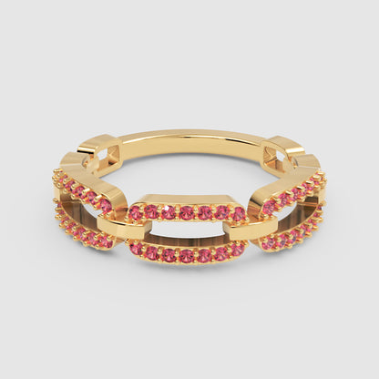 Lab-Grown Ruby Interlocking Link Ring In Rose Gold | Double Pave Luxury Chain Design Statement Ring For Women | Jebij - Four
