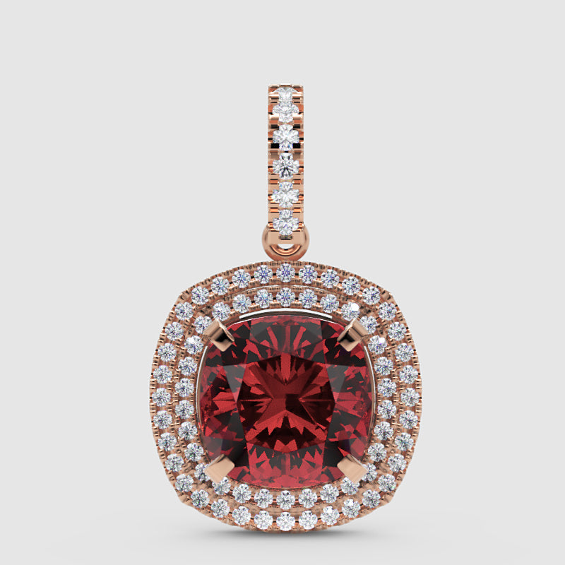 Cushion Cut Red Garnet Double Halo Diamond Pendant - Four