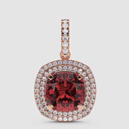 Cushion Cut Red Garnet Double Halo Diamond Pendant - Four