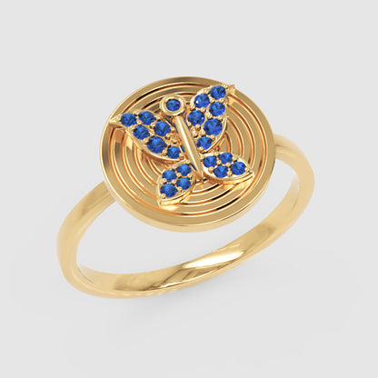Blue Sapphire Butterfly Concentric Circle Ring - Five