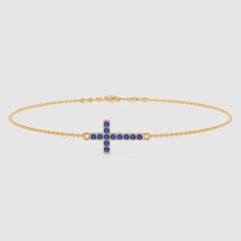 Blue Sapphire Cross Pendant Bracelet With Chain - Five