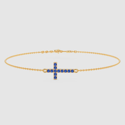 Blue Sapphire Cross Pendant Bracelet With Chain - Five