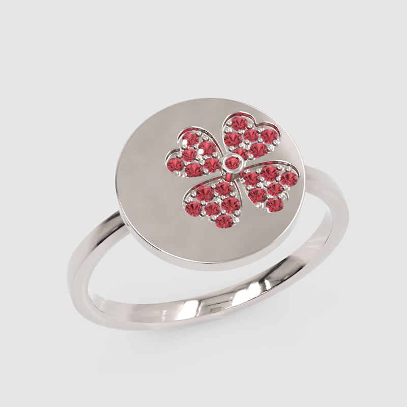 Ruby Clover Disc Ring With Pav Flower Design - Five