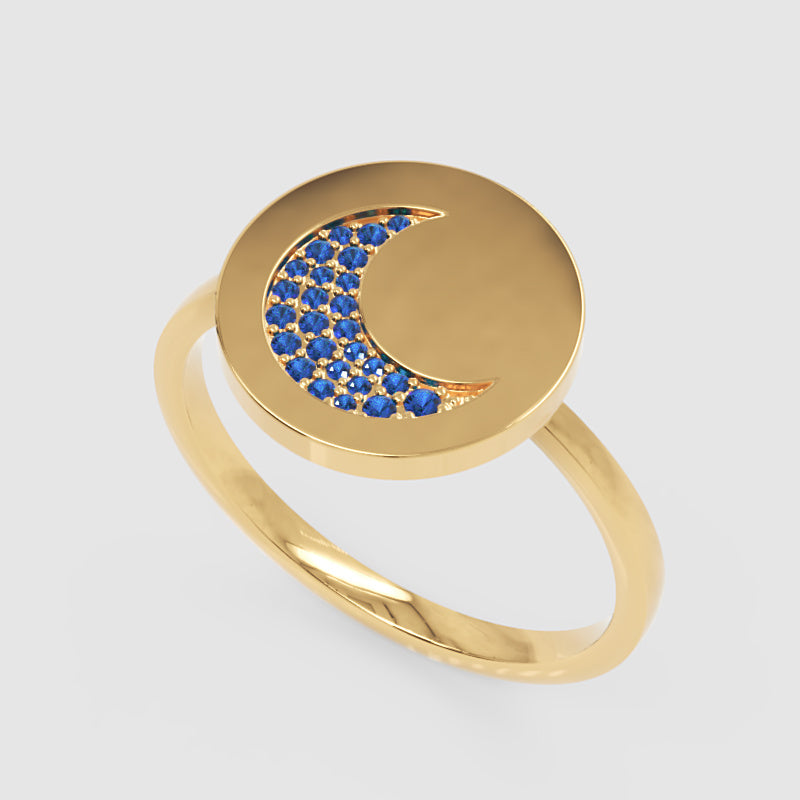 Blue Sapphire Crescent Moon Disc Ring - Five