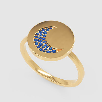 Blue Sapphire Crescent Moon Disc Ring - Five