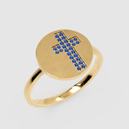Blue Sapphire Cross Disc Signet Ring - Five