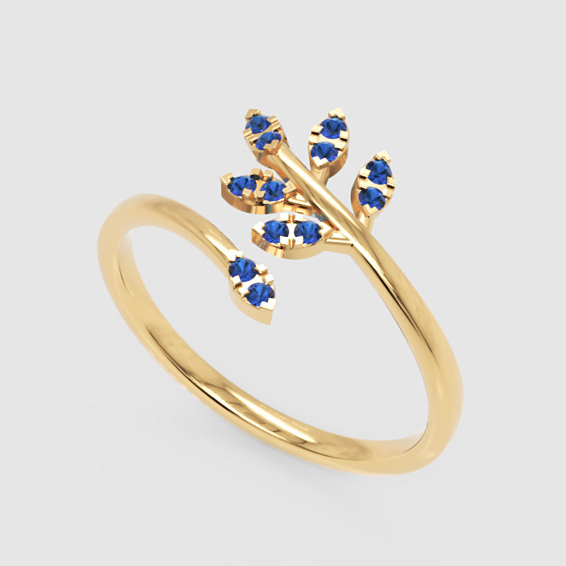 Blue Sapphire Leaf Vine Bypass Ring - Five