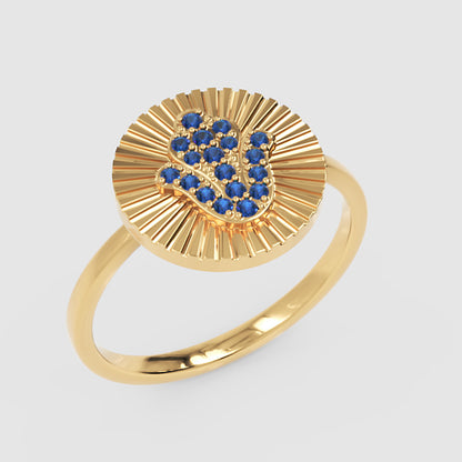 Blue Sapphire Hamsa Hand Disc Ring With Sunburst Design - Six