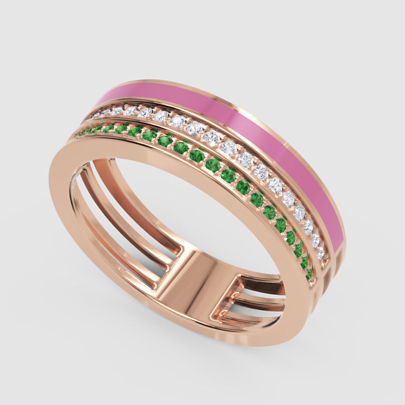 Gold Emerald Diamond Multi-Row Band Ring With Pink Enamel – Statement Luxury Ring - Seven
