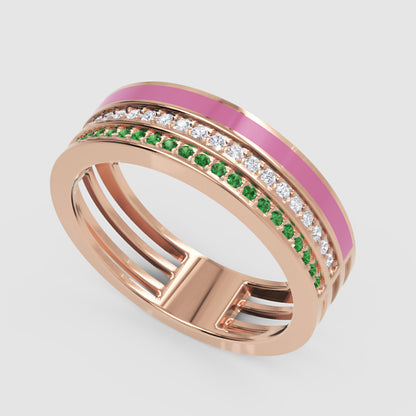 Gold Emerald Diamond Multi-Row Band Ring With Pink Enamel – Statement Luxury Ring - Seven