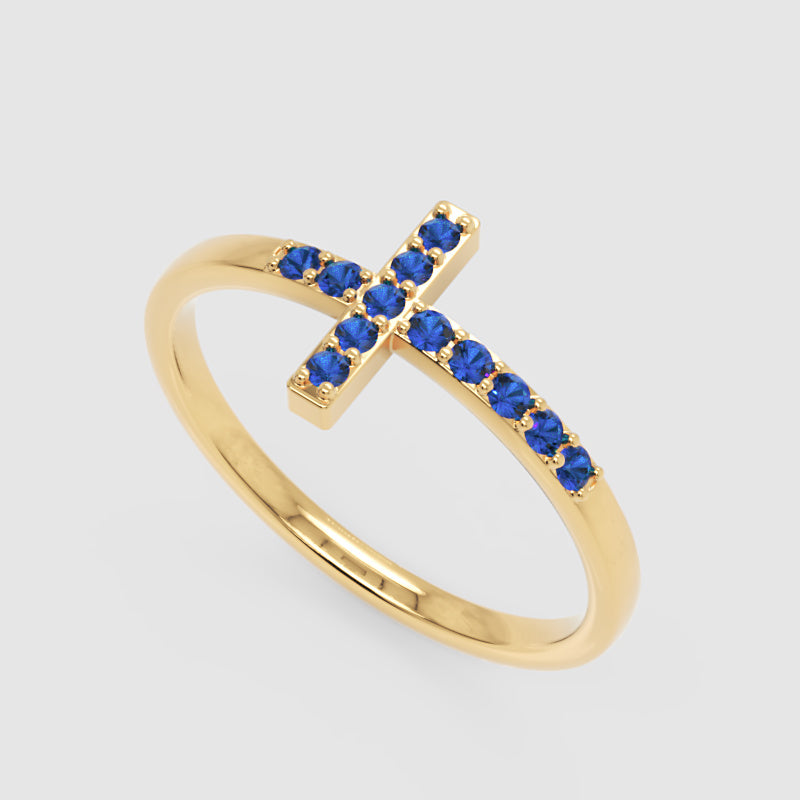 Blue Sapphire Cross Ring Delicate Stackable Band - Five