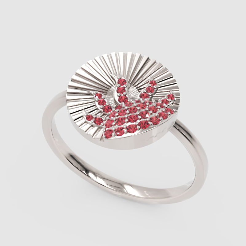 Ruby Sunburst Disc Ring With Textured Fan Design - Five