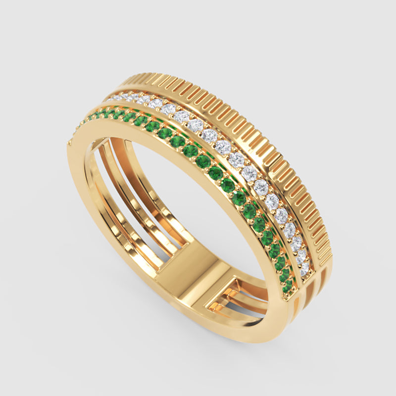 Gold Emerald Diamond Multi-Row Band Ring – Textured Statement Luxury Ring | Jebij - Five