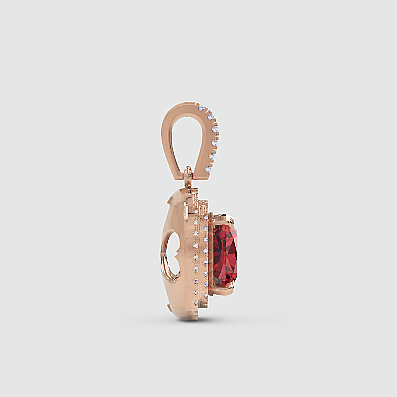 Cushion Cut Red Garnet Double Halo Diamond Pendant - Five