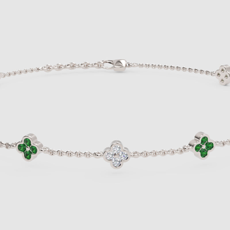 Emerald And Diamond Clover Station Bracelet - Five