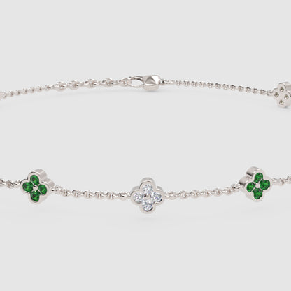 Emerald And Diamond Clover Station Bracelet - Five