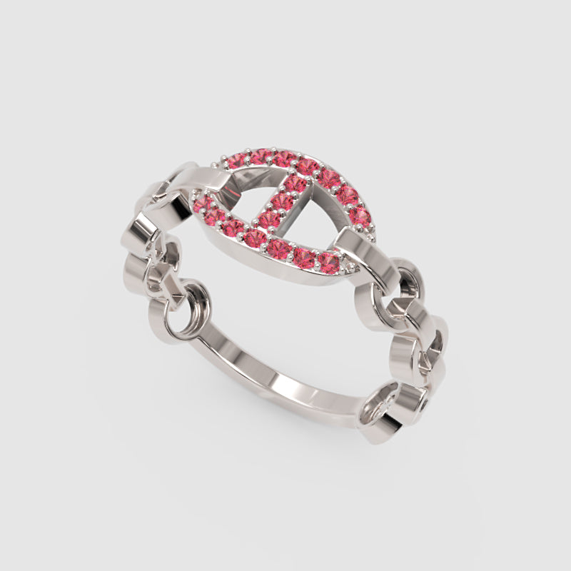 Ruby Oval Ring (Lab-Grown) | Rose Gold Chain Link Vertical Bar Design | Jebij - Five