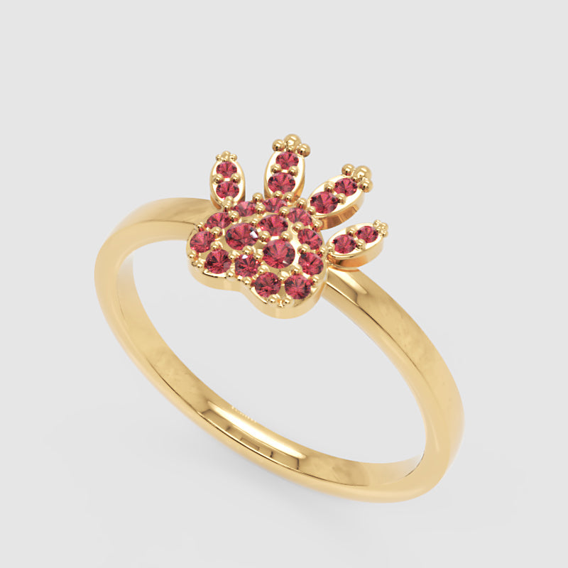 Rose Paw Print Ring With Red Crystals - Five