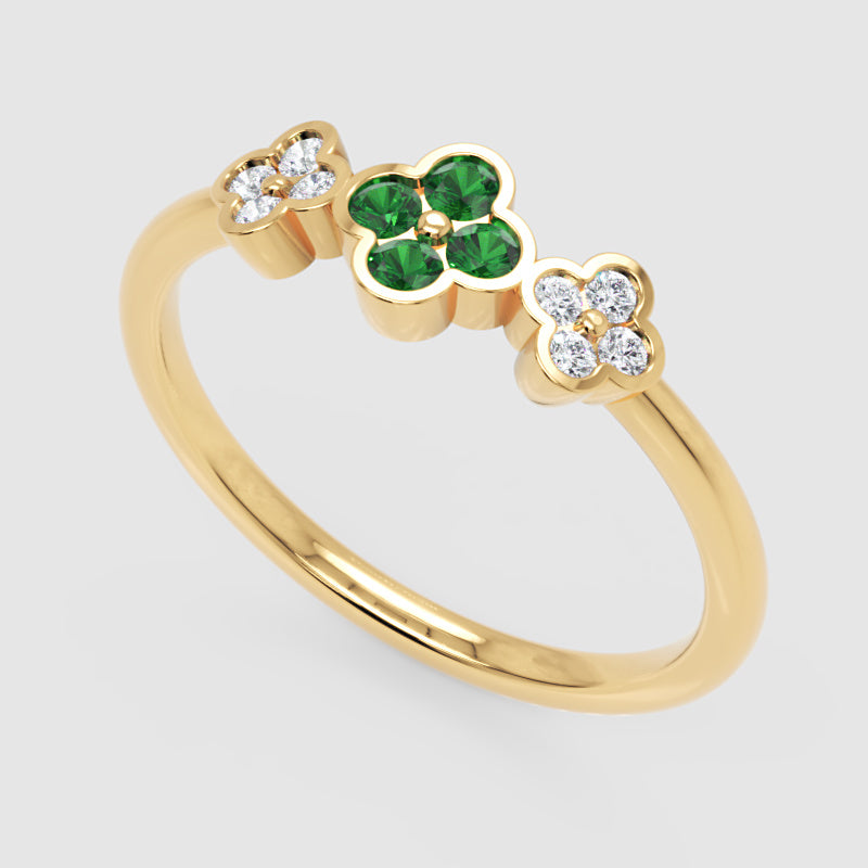 Emerald And Diamond Triple Clover Flower Ring - Five