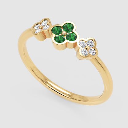 Emerald And Diamond Triple Clover Flower Ring - Five