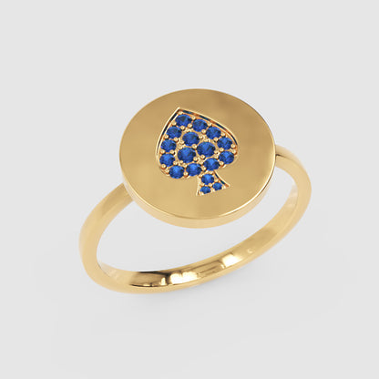 Blue Sapphire Spade Disc Signet Ring - Five