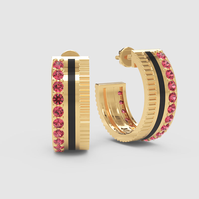 Pink Sapphire Textured Hoop Earrings With Ribbed Design - Five
