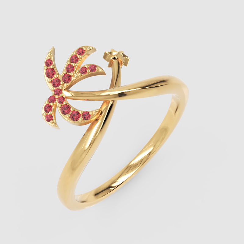 Red Stone Star & Crescent Moon Ring In Pink Gold - Five