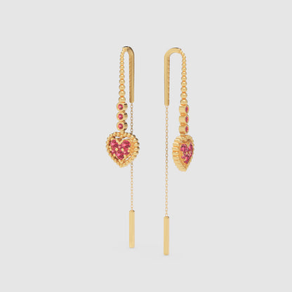 Ruby Heart Threader Earrings with Bar Drop