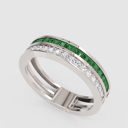 Emerald and Diamond Double Band Ring with Open Bridge Design