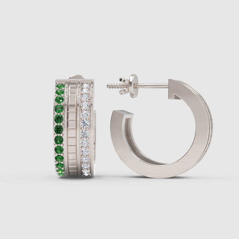 Emerald & Diamond Row Hoop Earrings In Yellow Gold – Luxury Statement Hoops | Jebij - Five