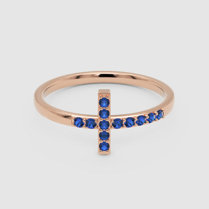 Blue Sapphire Cross Ring Delicate Stackable Band - Six