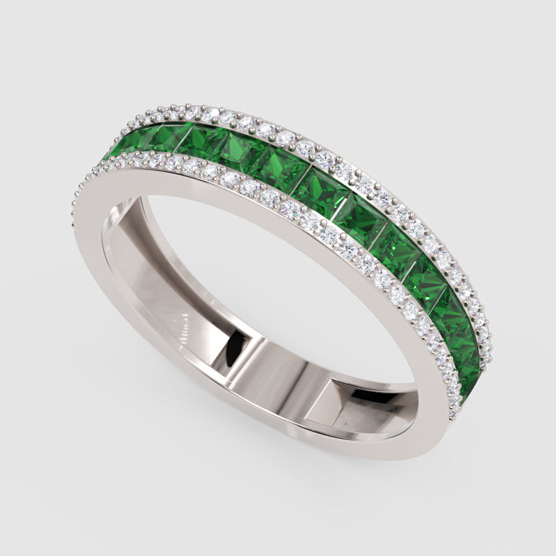 Princess Cut Emerald And Diamond Channel Set Band Ring - Six