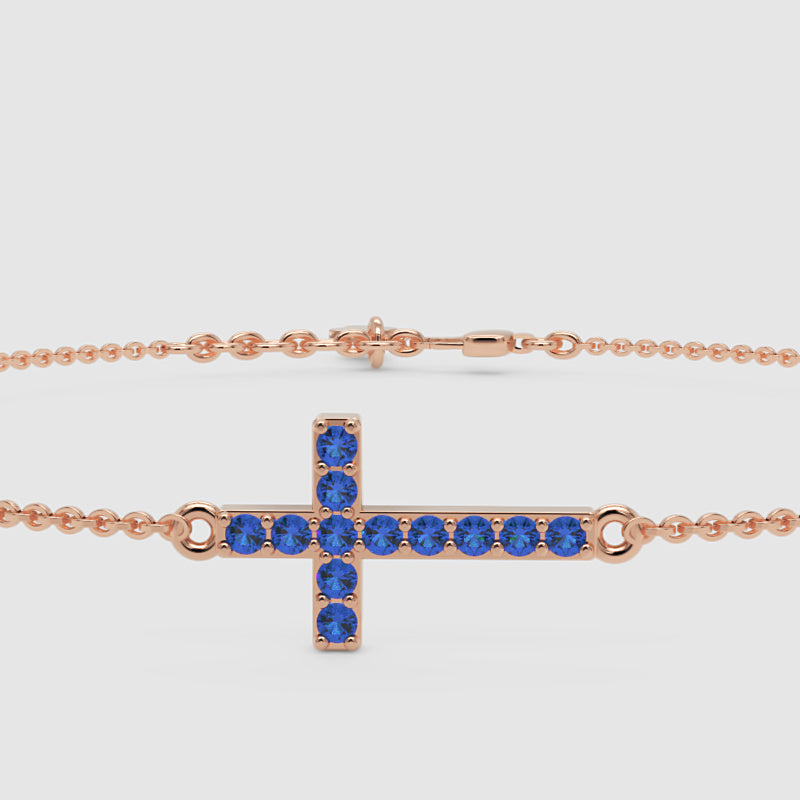 Blue Sapphire Cross Pendant Bracelet With Chain - Six