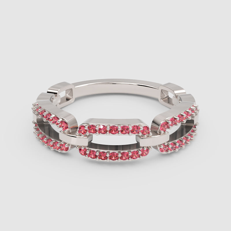 Lab-Grown Ruby Interlocking Link Ring In Rose Gold | Double Pave Luxury Chain Design Statement Ring For Women | Jebij - Six