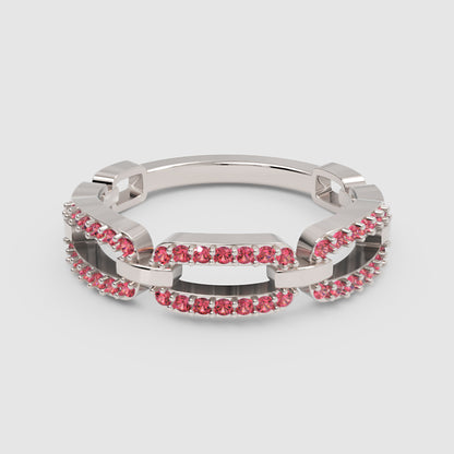 Lab-Grown Ruby Interlocking Link Ring In Rose Gold | Double Pave Luxury Chain Design Statement Ring For Women | Jebij - Six