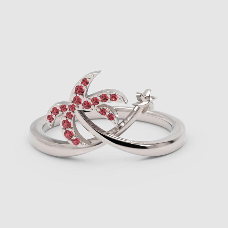 Red Stone Star & Crescent Moon Ring In Pink Gold - Six