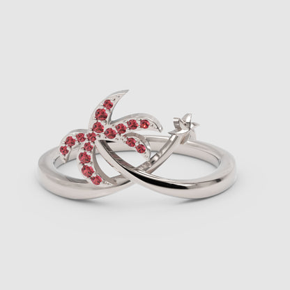 Red Stone Star & Crescent Moon Ring In Pink Gold - Six
