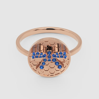 Blue Sapphire Cross Honeycomb Disc Ring - Six