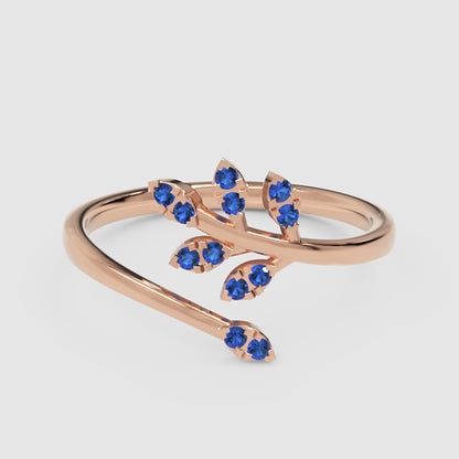 Blue Sapphire Leaf Vine Bypass Ring - Six