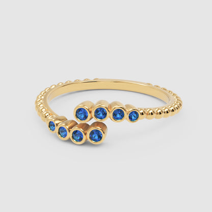 Blue Sapphire Beaded Open Wrap Ring Rose Tone - Six